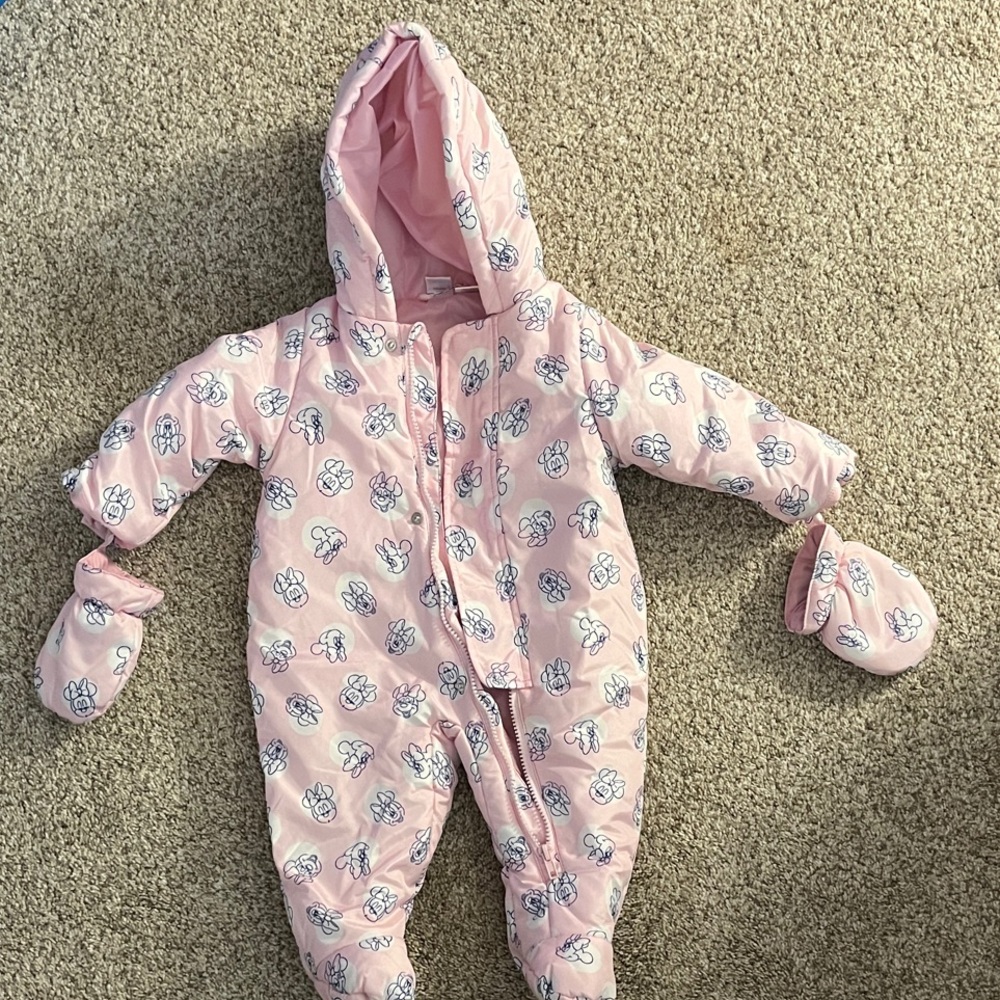 Pink Minnie Mouse Print Baby Snowsuit